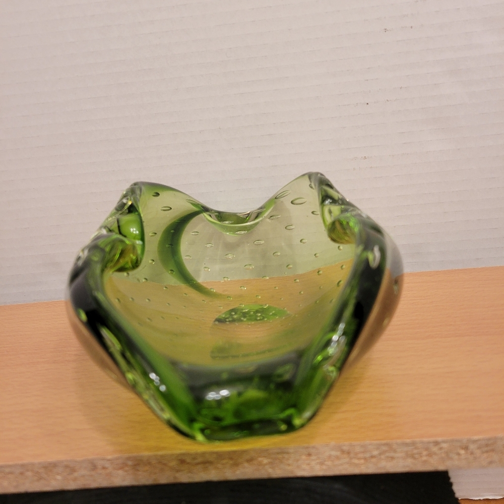 Vintage Murano Alfredo Barbini Bullicante Olive Green Ashtray Swirl Design - Picture 3 of 10
